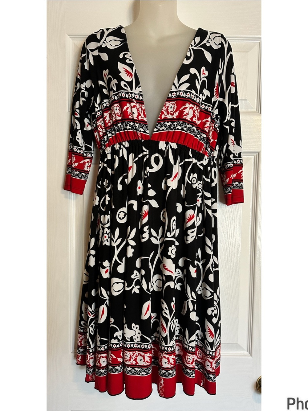 Deep V Black Floral Empire-Waist Dress with Red Accents